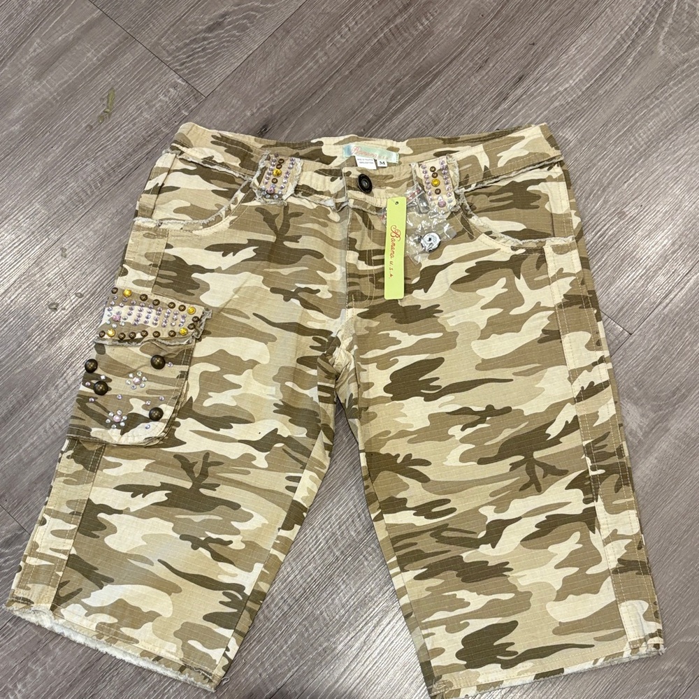 Beige Camo Women’s Cargo Shorts with Stud Details